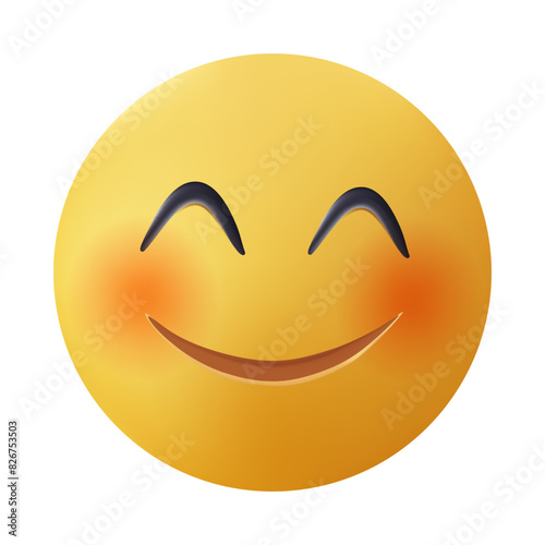 Smiling emoticon with happy eyes and rosy cheeks 3D illustration. Shy emoji. Bashful yellow face with glossy eyes, flushed cheeks