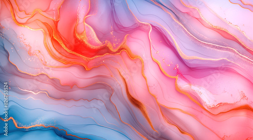 Wallpaper Mural Abstract fluid art with gold accents. Colorful fluid art composition featuring vibrant pink, blue, and orange swirls, enhanced with shimmering gold accents Torontodigital.ca
