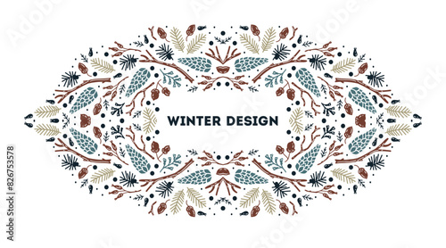Luxury Christmas arabesque frame, abstract sketch winter floral design templates. Square, holly backgrounds with fir tree. Use for package, branding, decoration, banners