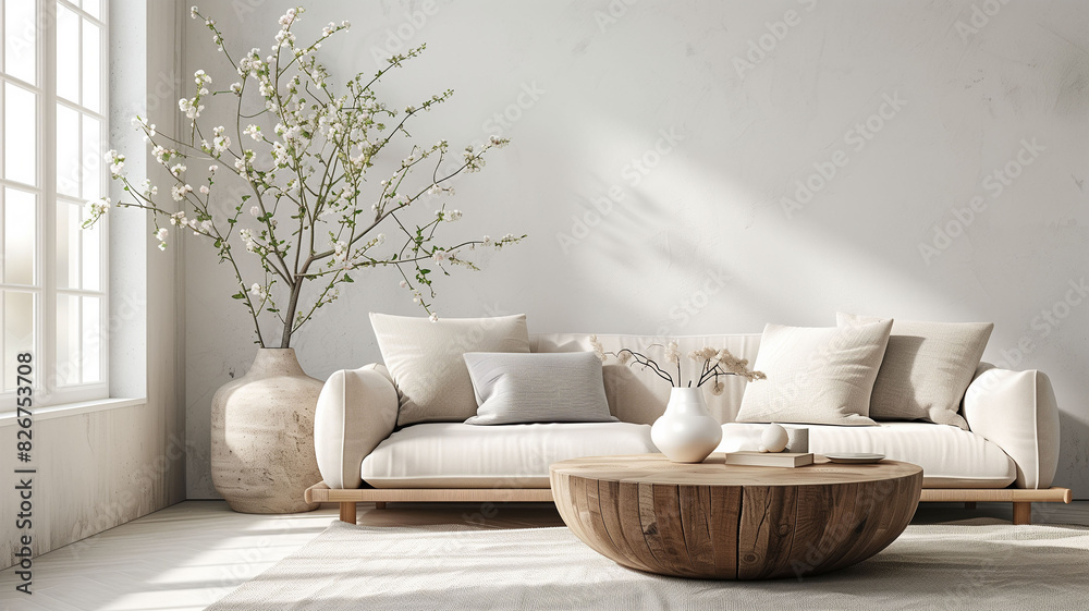 Beautiful cozy living room in natural tones with big white sofa with pillows. Scandinavian style house, Beautiful cozy living room in natural tones with big white sofa with pillows. Scandinavian style house,