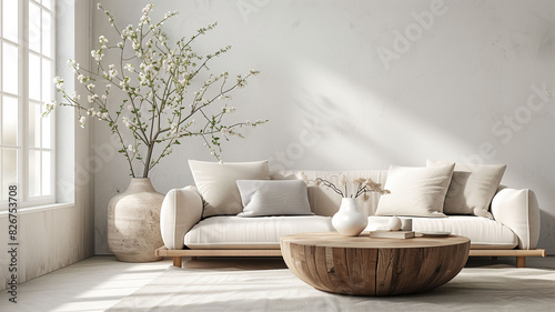 Beautiful cozy living room in natural tones with big white sofa with pillows. Scandinavian style house 