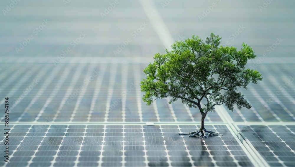 Fototapeta premium Eco-Friendly Solar Energy with Tree on Panels