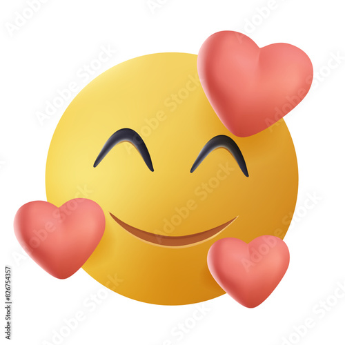 In love emoji with hearts. Love emoticon, yellow face with heart around and smile. Love, valentine emoji. Fall in love reaction for chat or communication messenger. 3D vector icon.