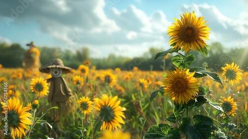 Landscape view of sunflowers and scarecrows in a field