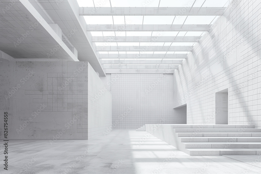 Obraz premium Minimalist interior of a white concrete space with geometric lines and subtle light play, epitomizing modern architectural purity.
