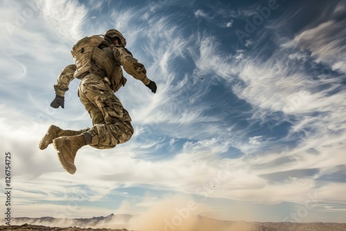 Fearless military paratrooper leaping from high altitude in the desert sky during an extreme adventure training mission photo