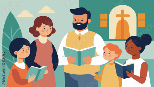 During Sunday service a missionary couple takes turns speaking to the congregation sharing stories of the people they met and served during their time. Vector illustration