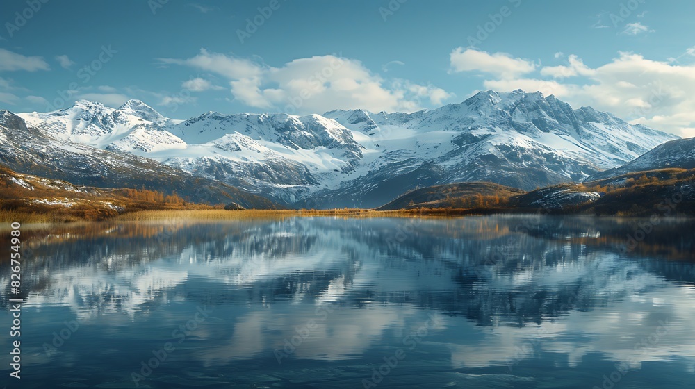 Landscape view of snow-capped mountains reflected in a still lakerealistic