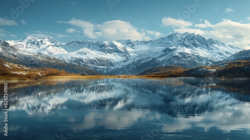 Landscape view of snow-capped mountains reflected in a still lakerealistic