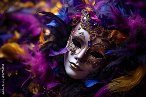 Opulent Venetian Mask Adorned with Feathers and Jewels. Generative AI © Svetlana