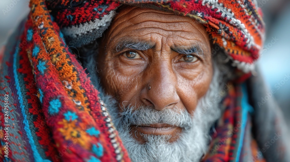 Close-up of an elderly man with wise and intense eyes, wearing a colorful headwrap Close-up of an elderly man with wise and intense eyes, wearing a colorful headwrap