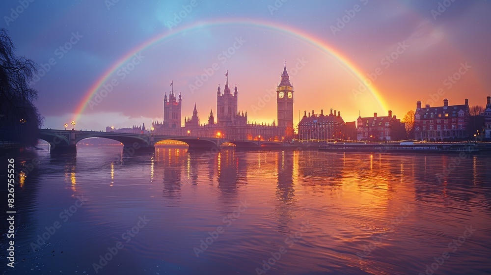 Majestic London skyline under a dramatic double rainbow along the River Thames during sunset