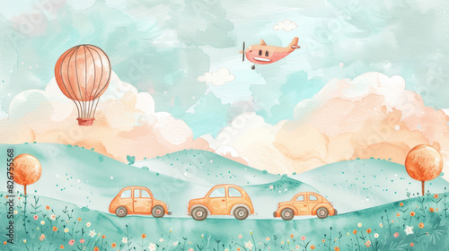 Playful Nursery Artwork with Cars and Planes in Soft Pastel Watercolors