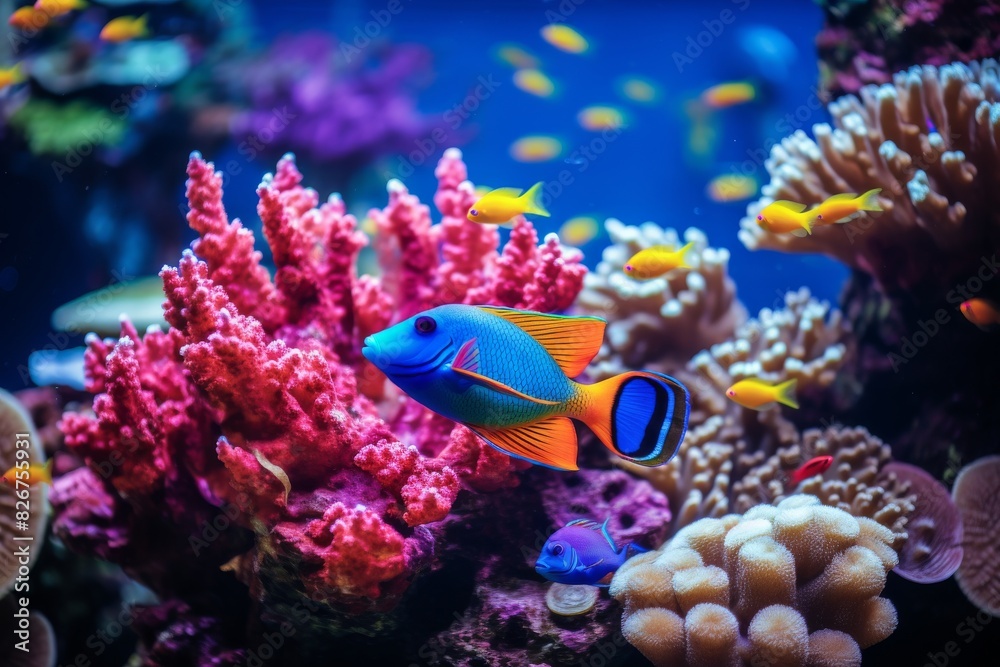 Fototapeta premium Exquisite Coral Reef Scenery with Colorful Fish in Natural Habitat. Generative AI