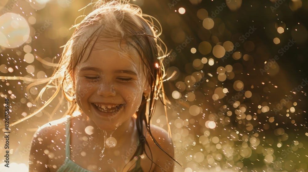 A happy little girl plays in a sprinkler, with a smile on her face and grass beneath her feet. Her eyes sparkle with joy, reflecting the sunlight, as people in nature watch her playful antics AIG50