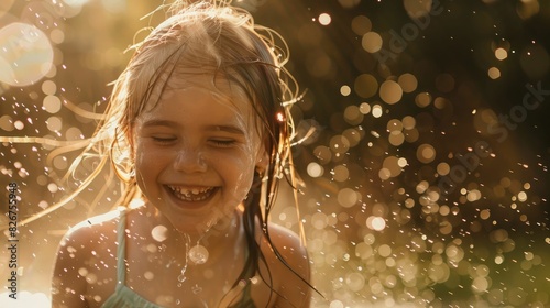 A happy little girl plays in a sprinkler, with a smile on her face and grass beneath her feet. Her eyes sparkle with joy, reflecting the sunlight, as people in nature watch her playful antics AIG50