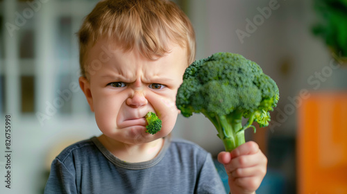 Unhappy toddler making a disgusted face while holding a piece of broccoli photo