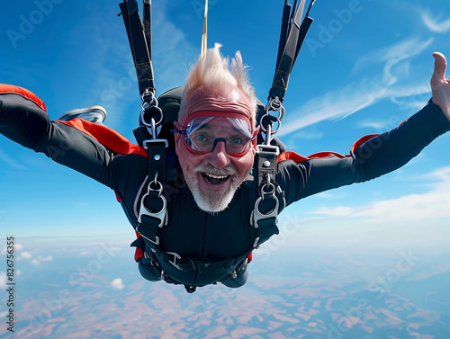 old man skydiving with guide, back view, adrenaline and adventure, parachute open in the sky, feeling of freedom, safety gear, tandem free fall, aerial view of the landscape below,