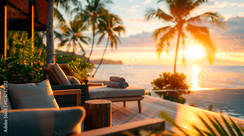 Fototapeta Naklejka Na Ścianę i Meble -  Resort hotel view of palm trees and ocean from a cafe on the beach at sunset