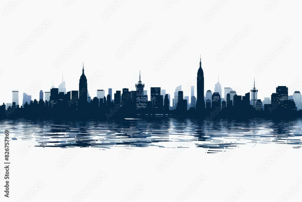 New York City skyline silhouette reflecting on water with iconic buildings and clear horizon backdrop New York City skyline silhouette reflecting on water with iconic buildings and clear horizon backdrop