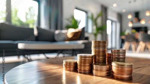 Stacks of Coins on Wooden Table photo