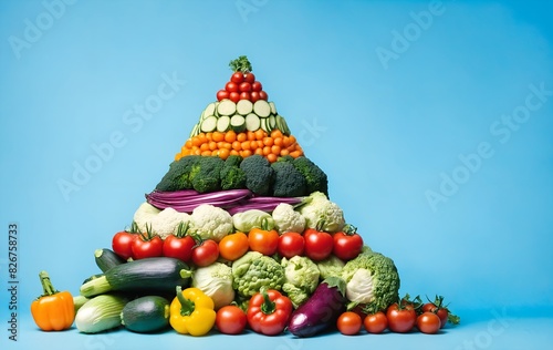 Assorted vegetables in form of pyramid on blue sky background. Healthy food, rich of vitamin, good to immune system boost. Generated AI © anetlanda