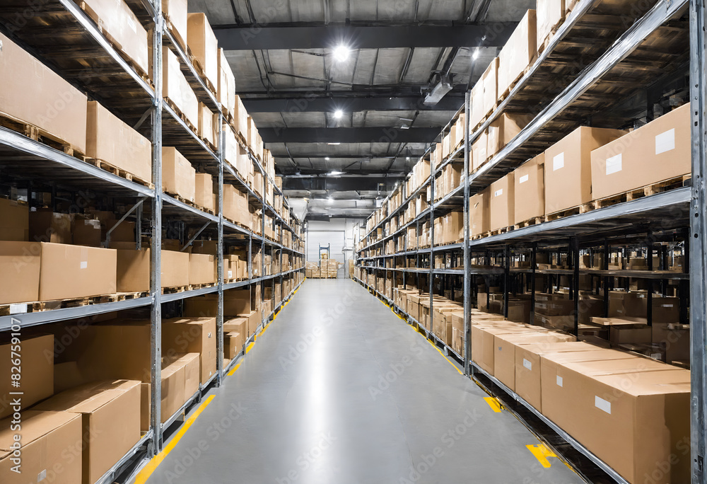 Fototapeta premium Warehouse interior with shelves and boxes