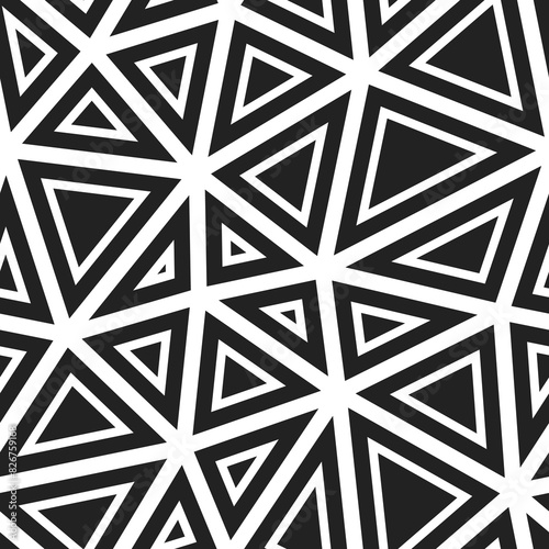Minimal geometric background. Big triangles size. Solid shapes in frames. Black and white style. Repeatable pattern. Stylish vector tiles. Dark White Contrast.