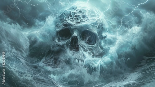 Giant Skull Emerging from Stormy Ocean 