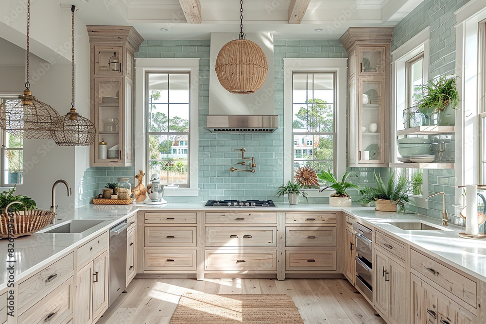 Fototapeta premium A coastal-inspired kitchen in shades of seafoam green and sandy beige, Nautical accents, drawer and seashell decor, wood cabinets and white subway tile backsplash-3