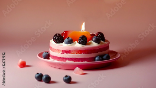 Birthday cake with burning candle and berries on pink background, closeup