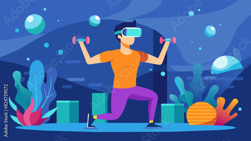 A VR fitness program designed for individuals with chronic arthritis featuring lowimpact exercises in a digital underwater world.. Vector illustration