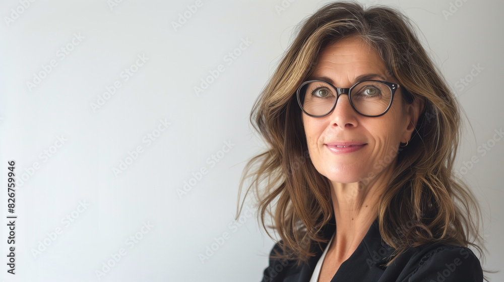 Experienced Businesswoman in Glasses Exudes Confidence on Neutral Background Experienced Businesswoman in Glasses Exudes Confidence on Neutral Background