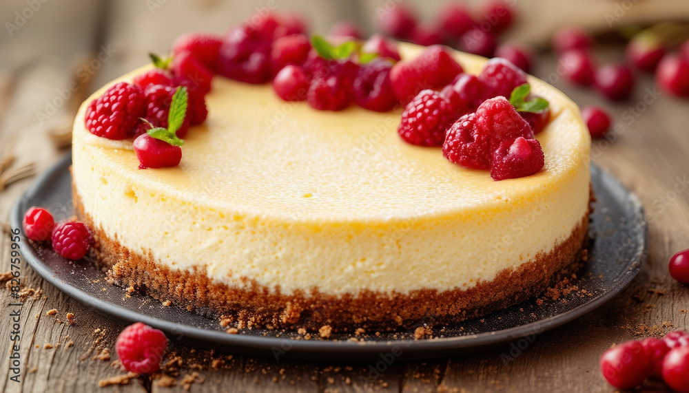 home made delicious Cheesecake, decorative background, copy space for text
