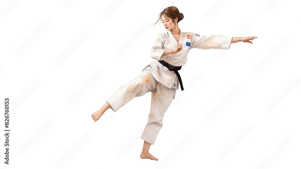 Fototapeta premium Young girl in kimono doing karate exercises concept of judo, taekwondo, karate, training, kick, action, sport, practice, active, exercise, woman, white, health