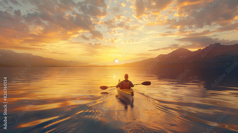 A man in a kayak on a calm lake at sunset. A man in a kayak on a calm lake at sunset.
