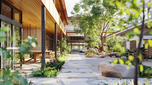 Modern assisted living facility with comfortable amenities and friendly staff, promoting a sense of community and wellbeing, detailed and inviting