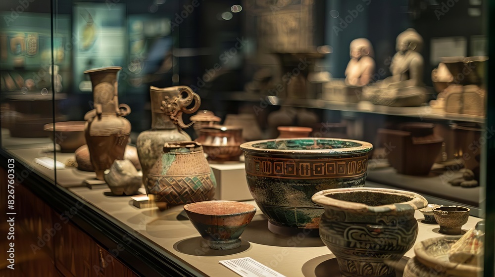 Museum exhibit showcasing artifacts and relics from an ancient civilization, meticulously displayed and informative Museum exhibit showcasing artifacts and relics from an ancient civilization, meticulously displayed and informative