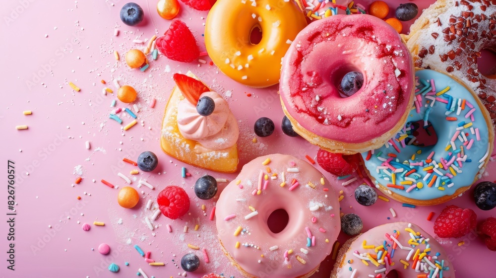 sweet unhealthy food, donuts, cake, colorful background, 16:9