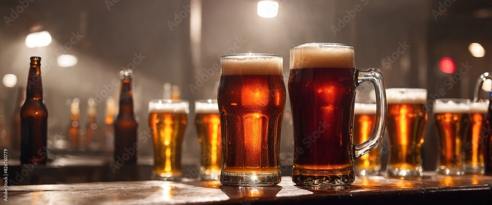 Cold beer in glass on counter desk pub., a lots of bottles in the background. Generated AI
