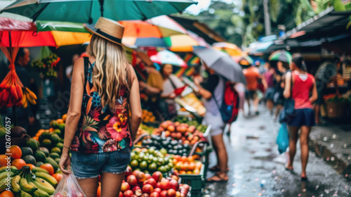 A woman stands in front of a colorful fruit stand, browsing the fresh produce on display