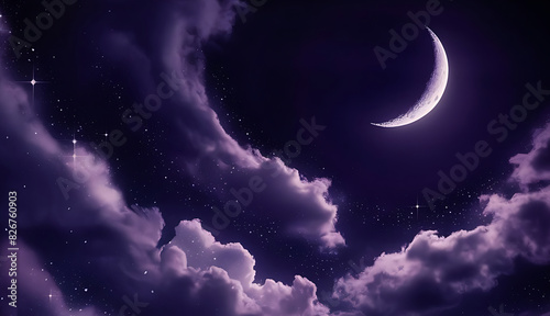 A stunning nighttime  purple wallpaper featuring a vast, deep purple sky adorned with sparkling stars and a delicate crescent moon.
