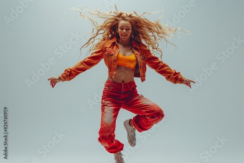 A woman full of energy dances in vibrant outfit on gradient background, expressing joy and movement