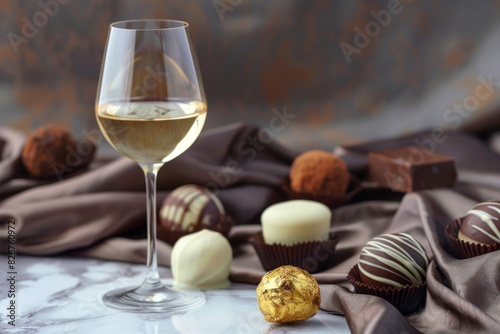 There is a wine glass on a table accompanied by chocolates