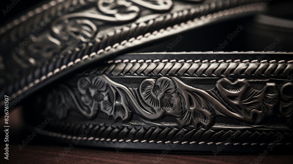 Close-Up View of Detailed Leather Belt with Traditional Floral Patterns. Generative AI