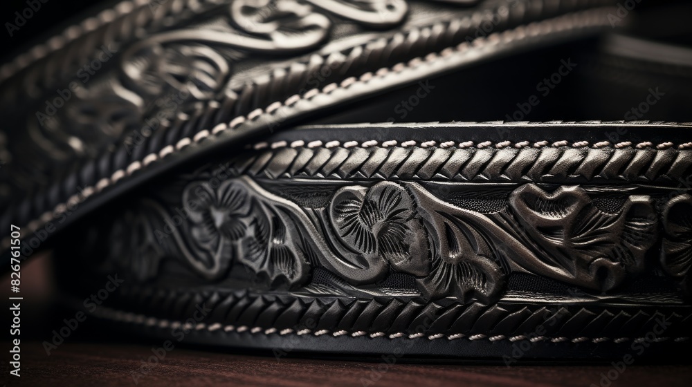 Close-Up View of Detailed Leather Belt with Traditional Floral Patterns. Generative AI Close-Up View of Detailed Leather Belt with Traditional Floral Patterns. Generative AI