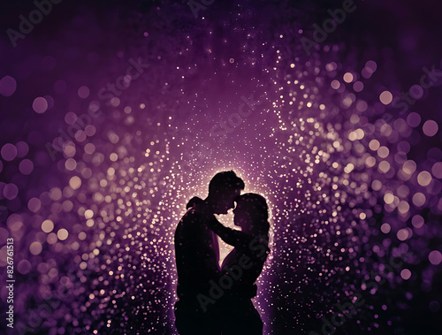 A stunning background with a deep purple background,featuring a silhouette of a couple embracing.