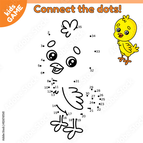 Dot to dot game for children. Connect the dots by numbers, draw a cartoon chick, color it. Educational puzzle for school kids. Activity page with small chicken. Vector baby illustration of farm bird.