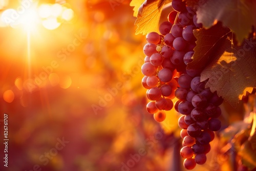 A bunch of ripe grapes hanging on a vine at sunset