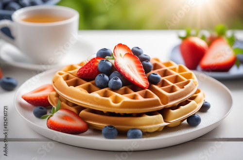 Waffles with syrup and berries on white plate white wooden table. Breakfast concept